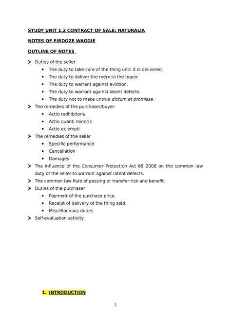 Study Unit 12 Naturalia Specific Contracts Study Unit 1 Contract Of