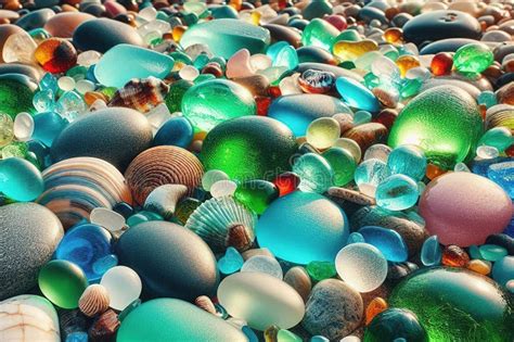Colorful Gemstones On Beach Green Blue Shiny Glass With Multi Colored Sea Pebbles Close Up
