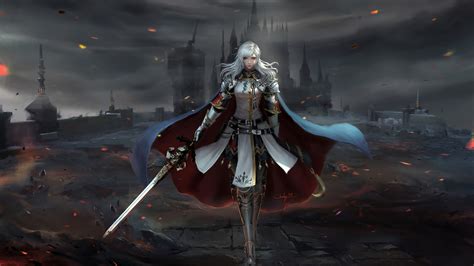 Final Fantasy Xiv Gray Hair Girl With Sword With Background Of Castle And Clouds Hd Final