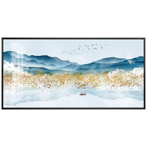 Abstract Acrylic Canvas Painting Blue Mountain Landscape Scenery Gold