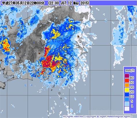 アメダス（amedas：automated meteorological data acquisition system：自動気象データ収集システム）とは、日本国内約1,300か所の気象観測所で構成される気象庁の無人観測施設である「地域気象観測システム」の通称である。 臨時大雨情報(2015年5月12日22時) : 5年目気象予報士の成長日記