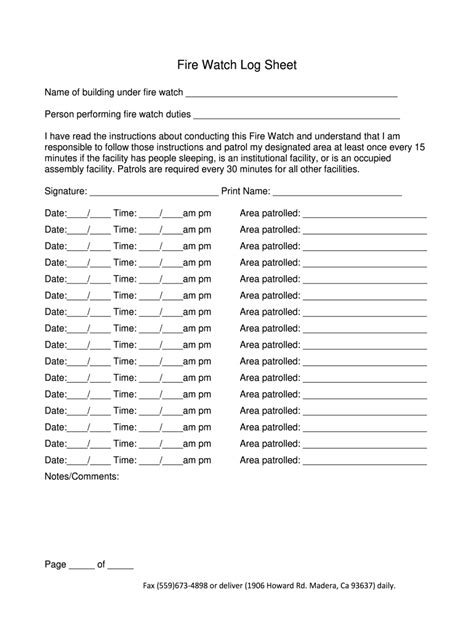 Zak Security One Fire Watch Log Sheet Fill And Sign Printable