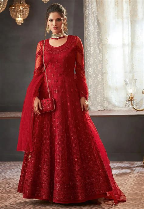 Net Abaya Style Kameez In Red This Semi Stitched Attire With Satin Lining Is Enhanced With