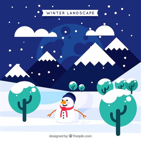 Free Vector Winter Landscape With Snowman And Mountains