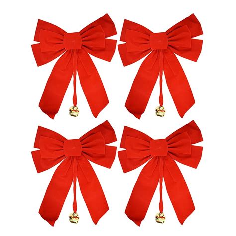 Large 10 X 15 Red Velvet Christmas Bows With Metal Bell Set Of 4