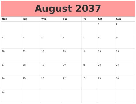 August 2037 Calendars That Work