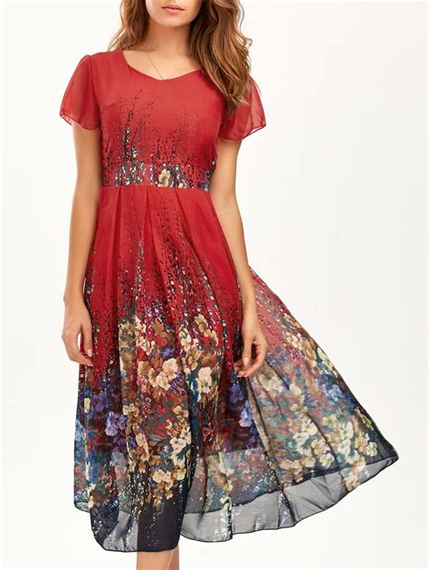 Casual Bohemian Floral Flowy Midi Dress In Red L Rosegal Com