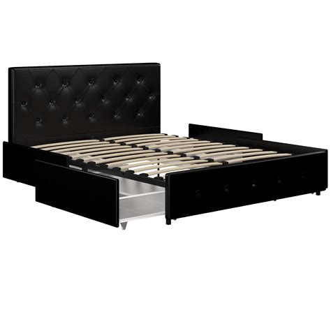 Contemporary Black Queen Size Bed Frame With Storage 4 Drawers Tufted