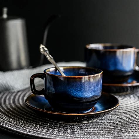 KINGLANG Deep Blue Ceramic Coffee Cup Saucer Set Breakfast Cup