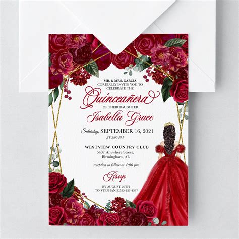 Editable Invitation Elegant Red And Gold Floral Quinceanera Etsy