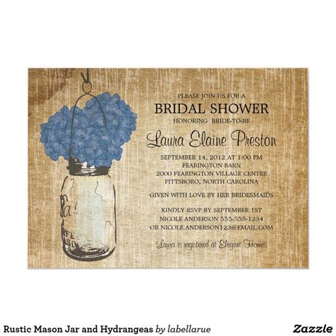 Rustic Mason Jar And Hydrangeas Invitation Zazzle Hydrangeas