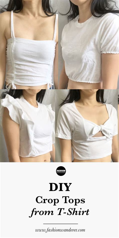 A Woman Wearing A White Crop Top With The Words Diy Crop Tops From It S Shirt