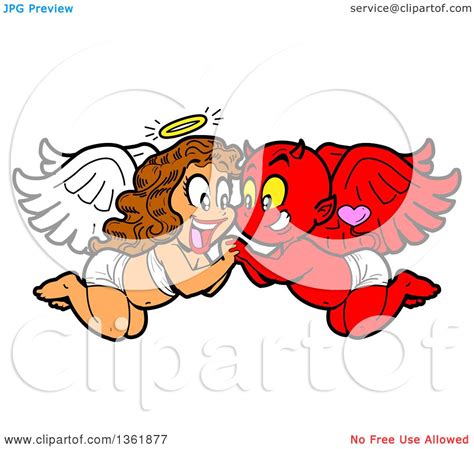 Clipart Of A Cartoon Happy Female Angel And Male Devil In Love