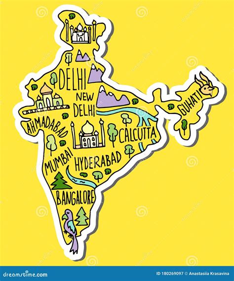 Colored Sticker Of Hand Drawn Doodle India Map India City Names