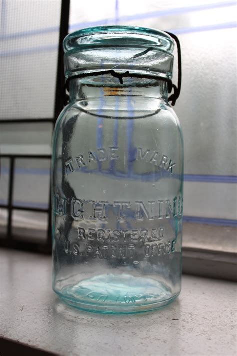 Antique 1800s Aqua Blue Trademark Lightning Quart Canning Jar Putnam