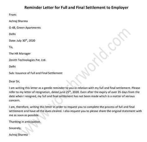 Reminder Letter For Full And Final Settlement To Employer