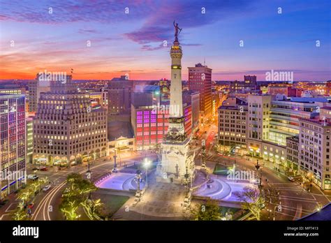 Indianapolis, Indiana, USA downtown cityscape over Monument Circle at