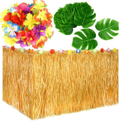 kuuqa luau hawaiian grass table skirt and 48 pcs artificial tropical palm monstera leaves