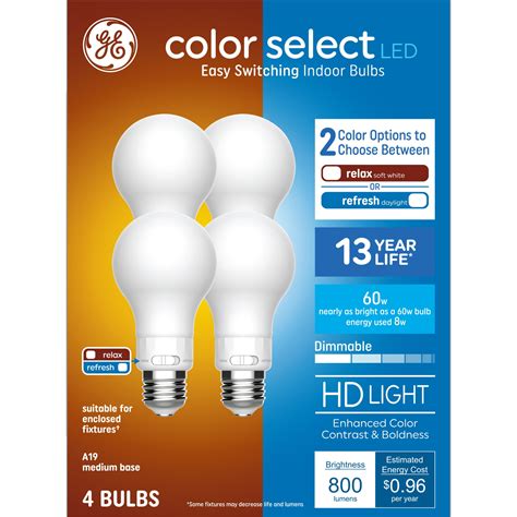 Ge Color Select Led Light Buls 60 Watt A19 Bulbs Medium Base 4pk