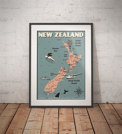 Vintage Poster New Zealand Map Fine Art Print Vintage Poster
