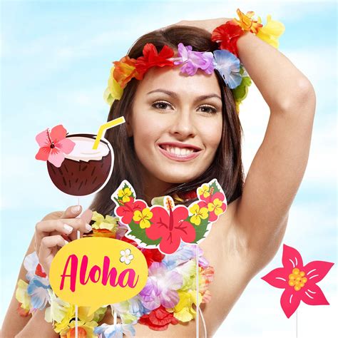 tuparka 30 pcs hawaiian luau photo booth props kit tropical beach summer pool party decorations