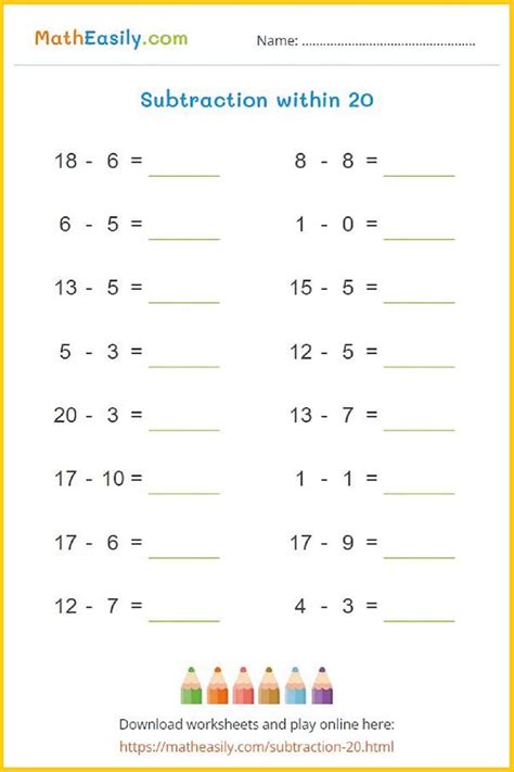Subtract Within 20 Worksheets