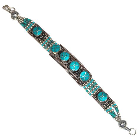 Tibetan Turquoise Coral Sterling Silver Plated Nepali Bracelet