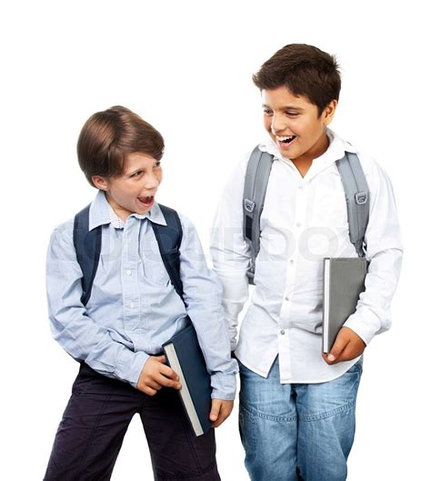 Two Happy Schoolboys Isolated On White Background Cheerful Teenagers