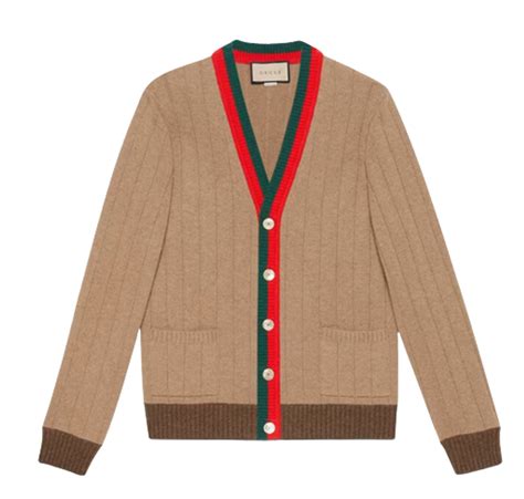 Gucci Stripe Trimmed Ribbed Knit Camel Cardigan | WHAT’S ON THE STAR? gambar png