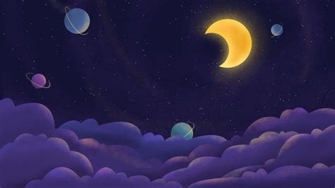 Hand Drawn Cute Sky Moon White Clouds Planet Background Hand Painted
