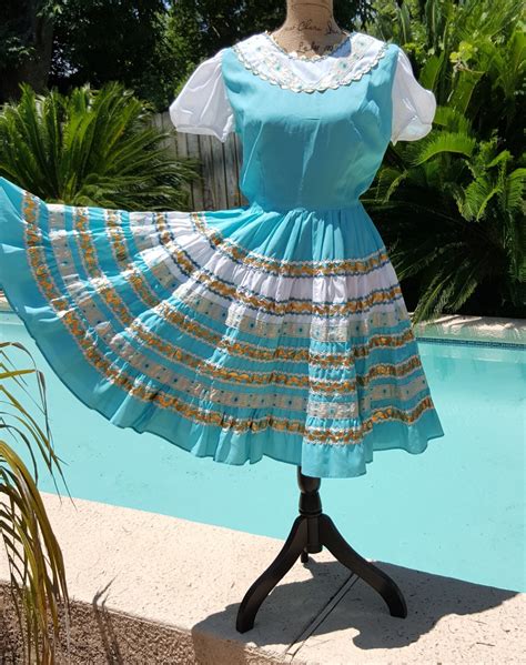 Vintage Square Dance Dress Costume Blue And White With Gold