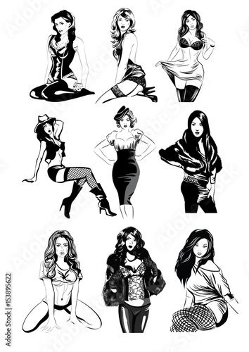 Sketch Pen Sexy Beautiful Girls In Different Poses Vector Illustration Stock Image And