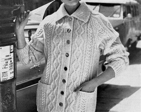 vintage womens aran jacket knitting pattern pdf ladies cable etsy vintage ladies collar
