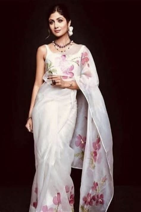 Bollywood Designer Shilpa Shetty White Color Organza Saree In 2020