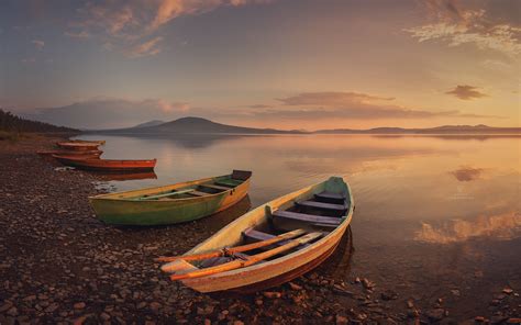 Wallpaper Dmitry Kupratsevich Landscape Sunset Boat Water Shore