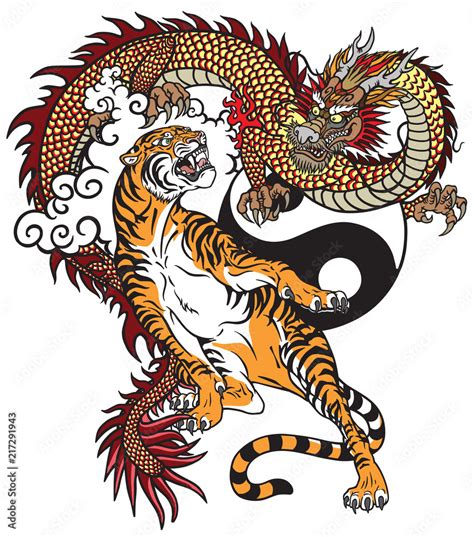 Chinese Dragon Versus Tiger Tattoo Vector Illustration Included Yin Yang Symbol Stock Vector