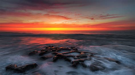 Sunset Sea Beach Stones Red Sky Cloud Beautiful Hd