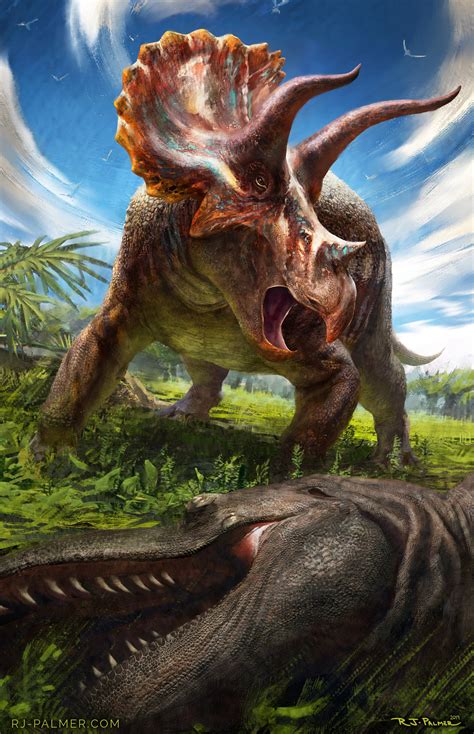Triceratops Horridus Standing Victoriously Over The Corpse Of A T Rex By Rj Palmer R