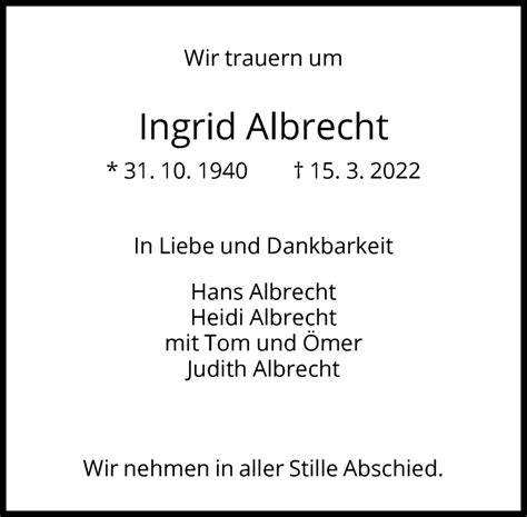 Traueranzeigen Von Ingrid Albrecht Trauer Rheinmainde