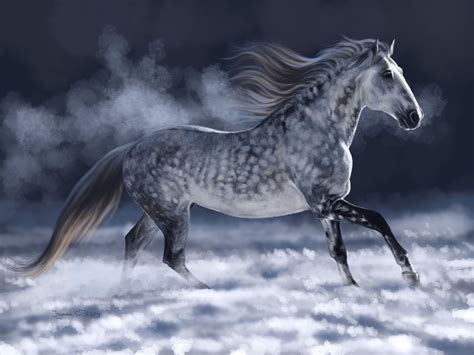 Gorgeous Dapple Grey Horse With Awesome Spots Running In The Clouds