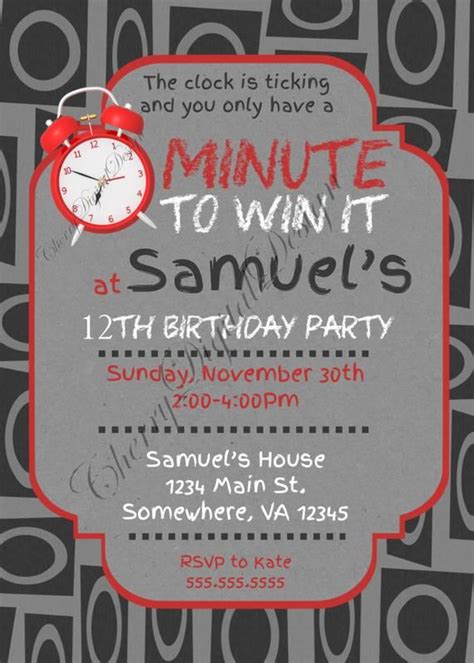 This listing is for a digital printable file of our 5x7 printable minute to win it invitation. Minute to win it PRINTED or PRINTABLE birthday party invitations. Printed Kid's Birthday Invites ...