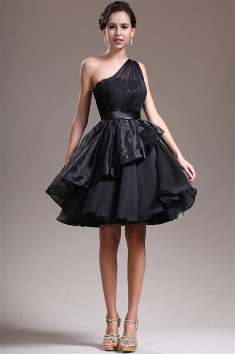Elegant Black One Shoulder Prom Dresses Knee Length Organza