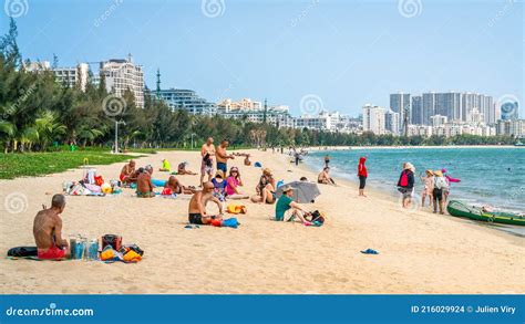 Many Chinese Tourists On Sanya Beach And City View In Sanya Hainan