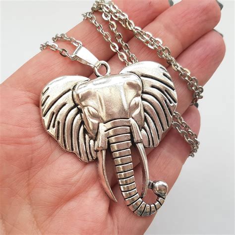 Big Silver Elephant Necklace Large Elephant Pendant Etsy Uk