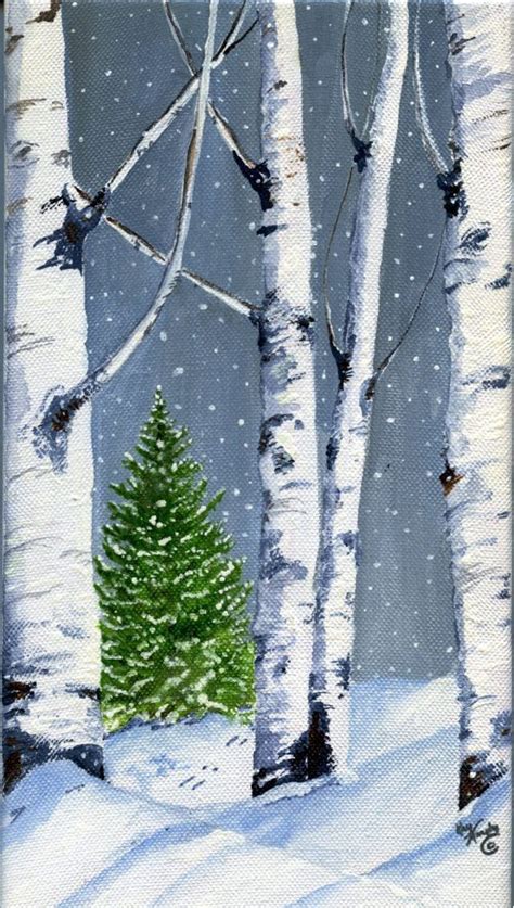 Birch Winter Scene Acrylic Painting Canvas Winter Painting