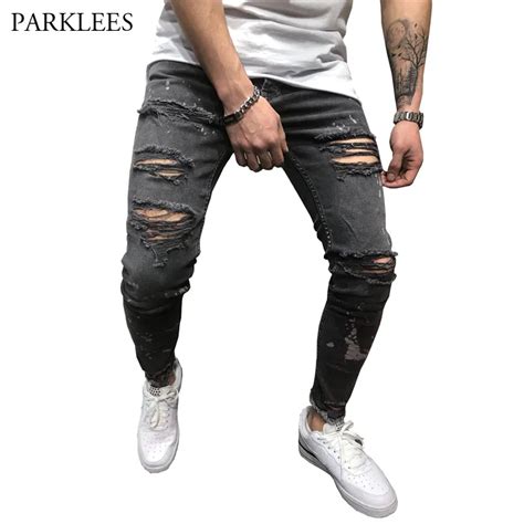 Black Ripped Distressed Jeans Men High Street Slim Fit Mens Hipster