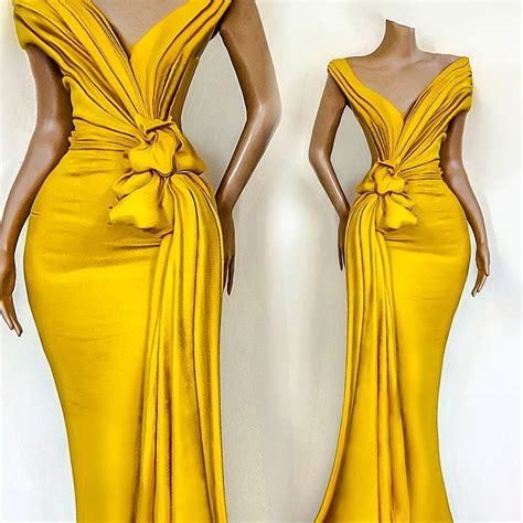 Stunning Gold Yellow Prom Dresses Pleats Knoted Mermaid Off The