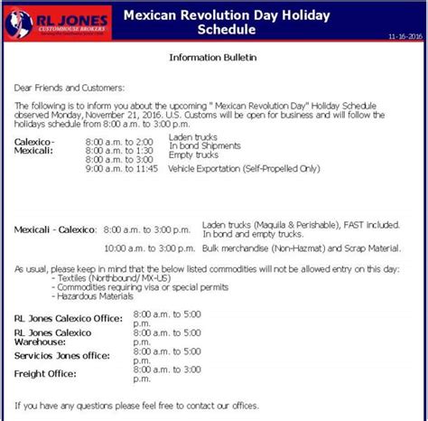 Calexico Mexican Revolution Day Holiday Schedule 2016 Rl Jones