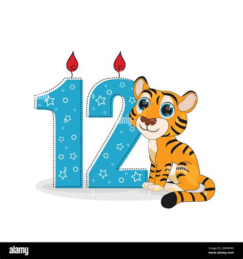 Cute Cartoon Tiger With Number Twelve Vector Illustration Perfect For