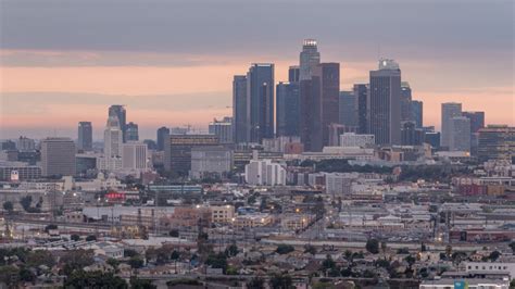 Hd Downtown Los Angeles Skyline And Smoke Day To Night Sunset